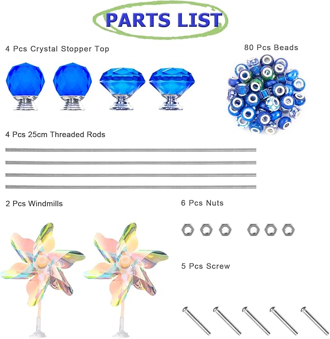 101 PCS Beaded Garden Stakes Kit, DIY Fairy Wand Garden Stake Beads Kits with Dark Blue Large Hole Beads 4 Crystal Stopper Top Threaded Rods and 2 Colored Small Windmills for Outdoor Indoor Decor