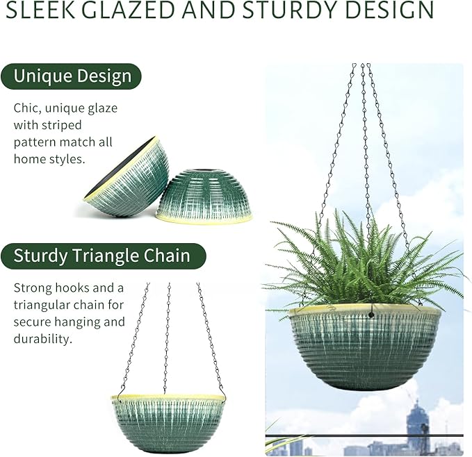 10in Hanging Planters for Indoor and Outdoor Plants, 2 Pack Hanging Planter with Drainage Hole, Round Hanging Flower Pots for Garden Home Decor (Green Glaze)