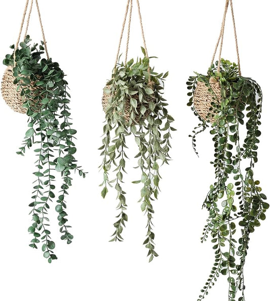 3 Pack Mini Artificial Hanging Greenary Fake Hanging Plants in Basket for Wall Living Room Decor Bathroom Shelf Home Indoor