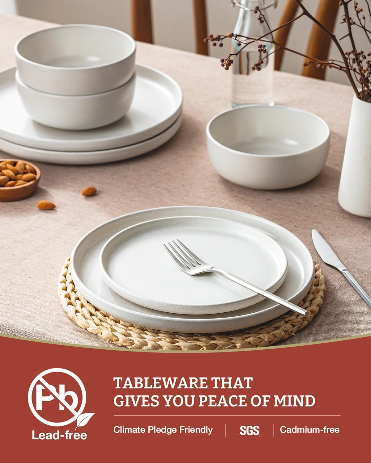 Famiware Milkyway Plates and Bowls Sets, 24 Pieces Dinnerware Sets, Reactive Glaze Dish Set, Stoneware Dishes Set for 8, Matte Beige White