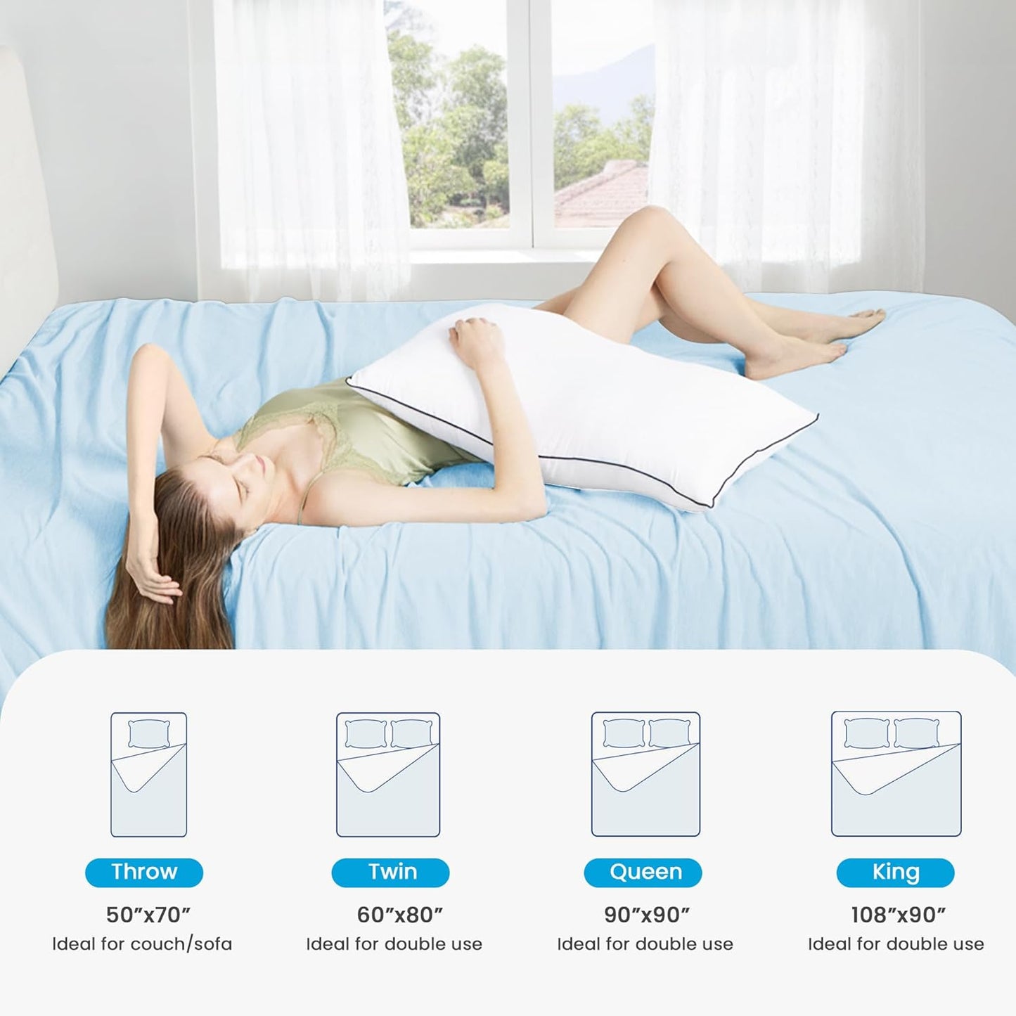 HYLEORY Cooling Blankets for Hot Sleepers, Cool Summer Blanket Keep Body Cool for Night Sweats Double Sided Lightweight Breathable Blanket for Bed Couch Sofa, Queen (90"x90"), Light Blue