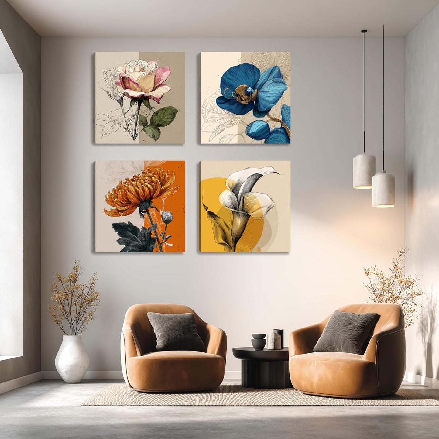 Framed Botanical Wall Art for Living Room Rustic Boho Floral Canvas Paintings Prints Flower Pictures for Farmhouse Hallway Bedroom Dining Room Bathroom Office Wall Decor ArtWork for Wall