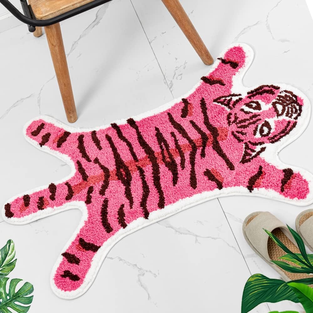 Funny Tiger Bath Mat for Bathroom, Cute Pink Tiger Cartoon Bathroom Rug Non Slip Animal Shaped Absorbent Preppy Small Bathtub Decor Aesthetic Plush Shower Rug Machine Washable 33.1x21.7in