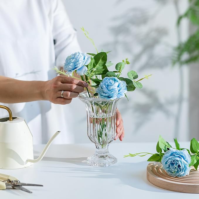 Glasseam Pedestal Glass Vase for Flowers, 7.5in Tall Compote Vase Set of 3, Crystal Clear Vases for Centerpieces, Ribbed Decorative Vases for Home Decor, Cute Footed Urn for Living Room Decorations