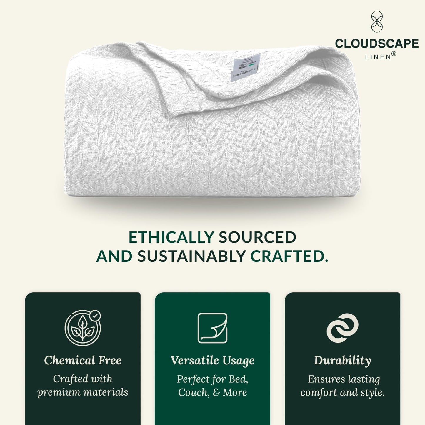 Herringbone Cotton Twin Blanket for Couch, Bed,Sofa, Home Decor, Soft, Lightweight, All-Season Bed Blanket, 68 x92, White