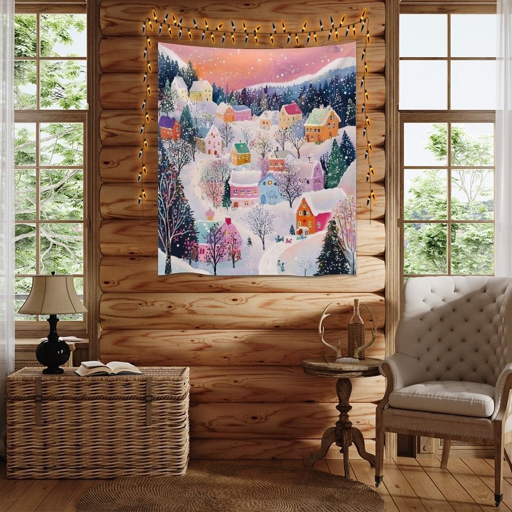 Medpol Vintage Christmas Wall Tapestry Christmas Landscape Tapestry Winter Scene Pictures Wall Hanging Country Town Tapestries for Living Room Dorm Home 50x60inch