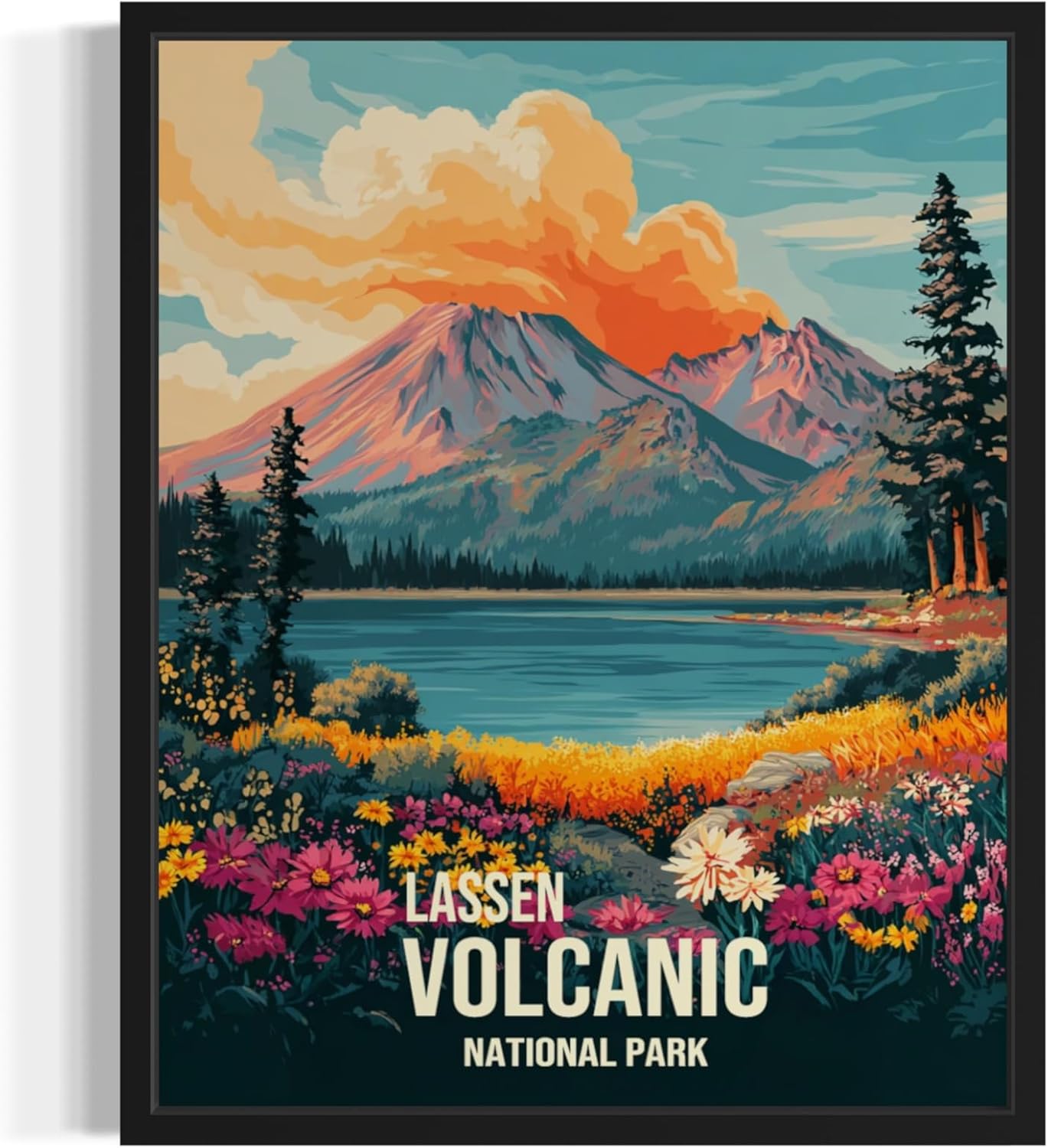 Lassen Volcanic National Park Art Print Poster, Vintage Retro Pop Art Travel Wall Art Bedroom Bathroom Living Room Decor 185 (Lassen Volcanic, 24 x 36 inches, Black Frame)
