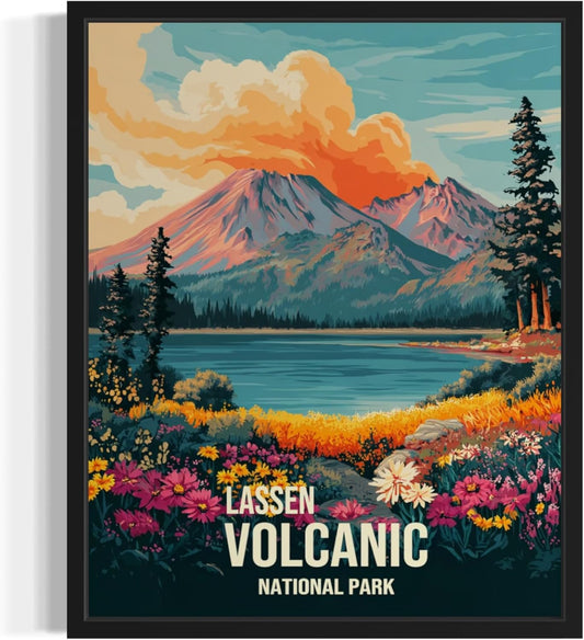 Lassen Volcanic National Park Art Print Poster, Vintage Retro Pop Art Travel Wall Art Bedroom Bathroom Living Room Decor 185 (Lassen Volcanic, 24 x 36 inches, Black Frame)
