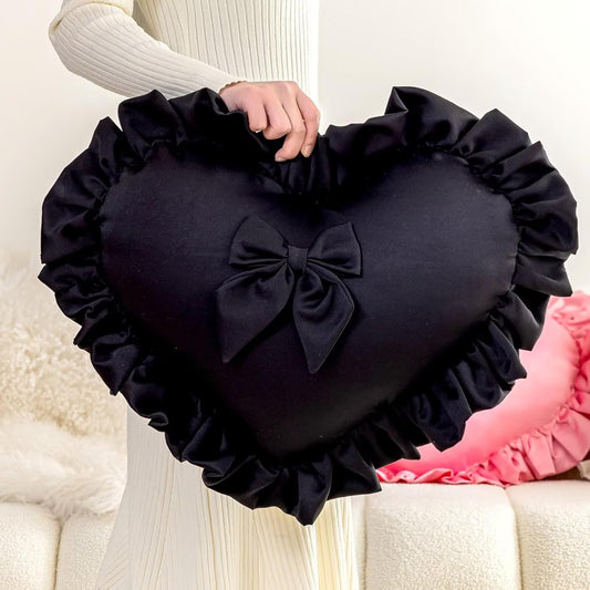 Heart Ruffled Throw Pillow,Velvet Heart Throw Pillow Bow Pillows Wedding Gifts Pillows Decorative Cushion for Sofa Bed Bay Window 20×16 inch,Black