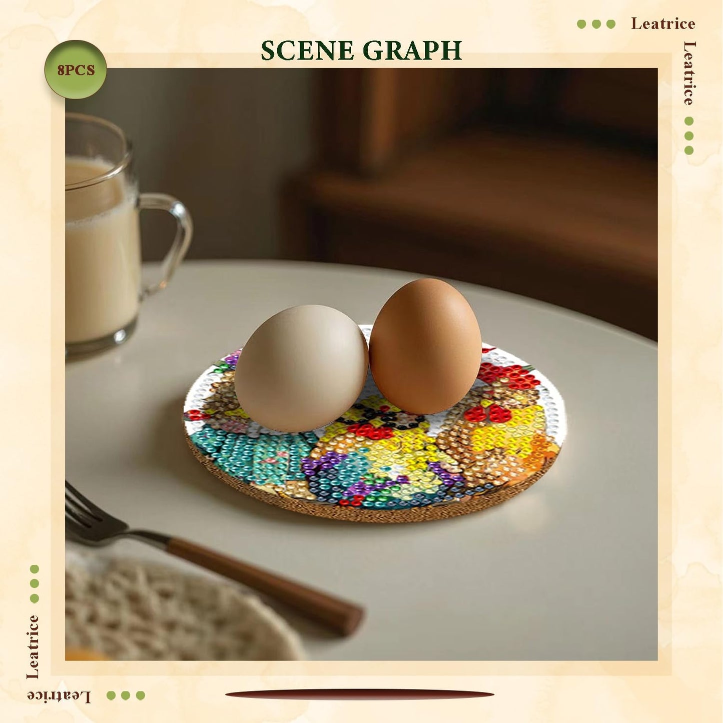 Leatrice 8PCS Chicken Diamond Art Coasters Small Diamond Painting Kits for Adults Diamond Dots Round Full Drill Diamond Coasters with Holder Easy Art Crafts for Beginners Kitchen Decro