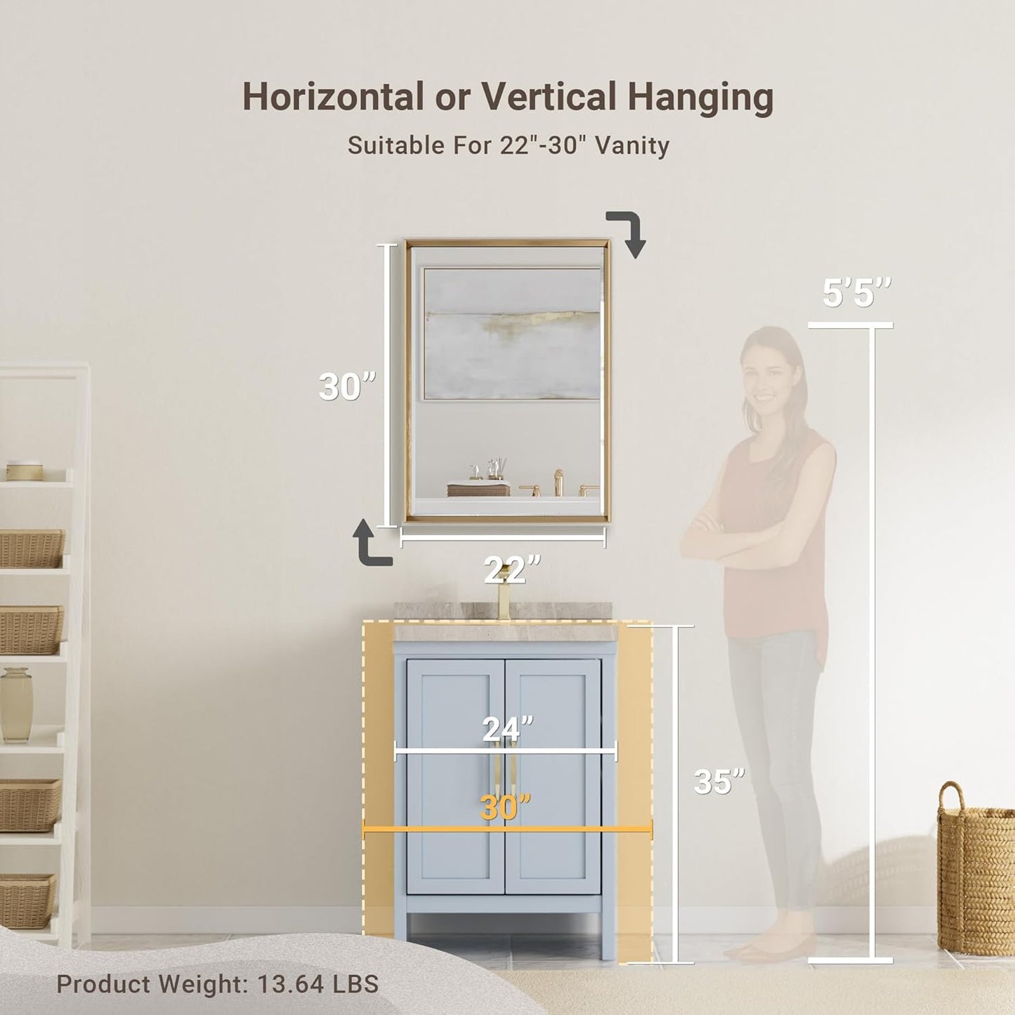 Gold Bathroom Mirror, 22x30 Brushed Gold Bathroom Mirror Beveled Edge, Gold Framed Rectangle Bathroom Vanity Mirror, Anti-Rust Brushed Brass Metal Frame Wall Mirror Vertical/Horizontal