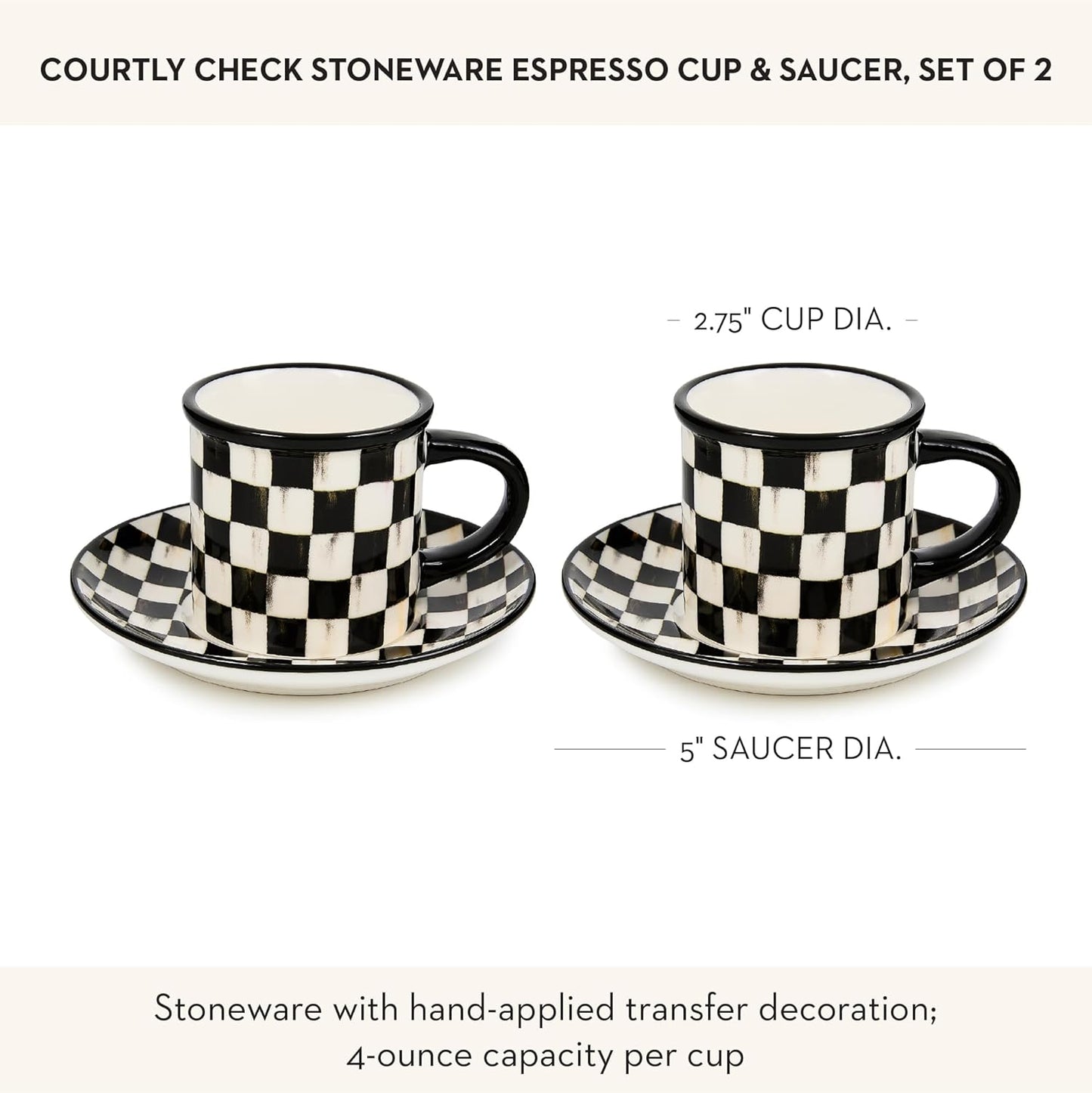 MACKENZIE-CHILDS Set of 2 Stoneware Espresso Cup and Saucer, Cute Coffee Cups, Black-and-White Courtly Check
