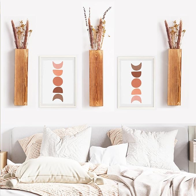 3-Pack Decorative Wood Wall Planters for Artificial Plant, Dried Flower Stems, 12" Slim Wood Wall Vases for Living Room, Bedroom, Bathroom, Apartment Decor