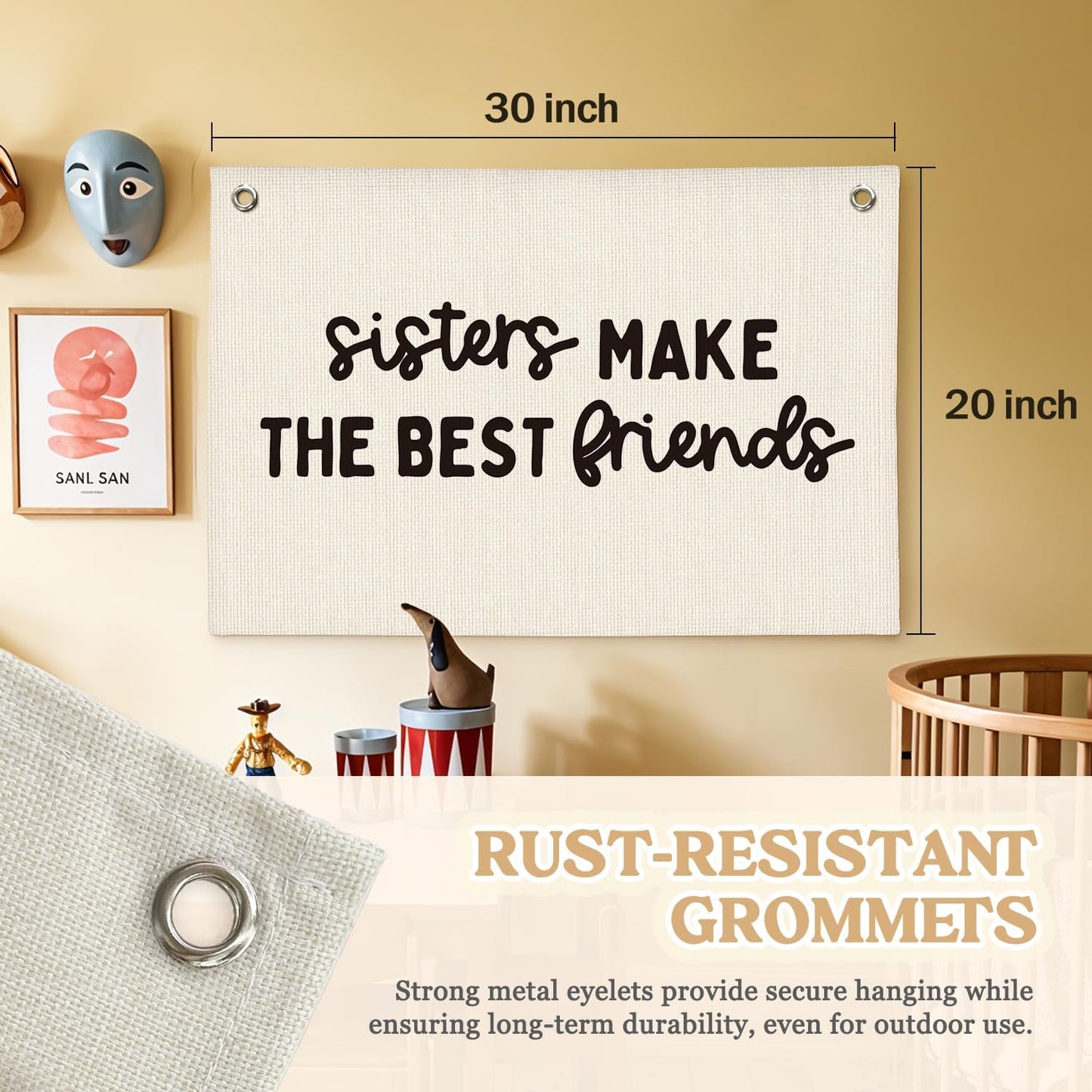 Girl Room Decor,Sisters Make The Best Friends,Bedroom Playroom Wall Art Decor,Girl Nursery Decor Canvas Banner,Sister Room Sign Linen Canvas Banner 30x20 Inch