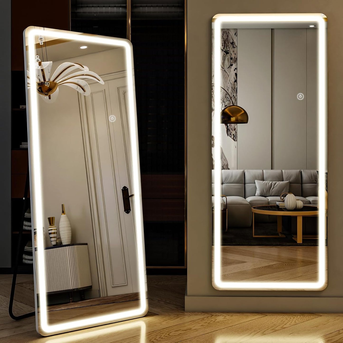 LED Full Length Mirror with Lights - 71"x26"Floor Standing Mirror with Rounded Corner Dimmable 3 Color Lighting, Aluminum Frame,Leaning Hanging for Bedroom Cloakroom, White