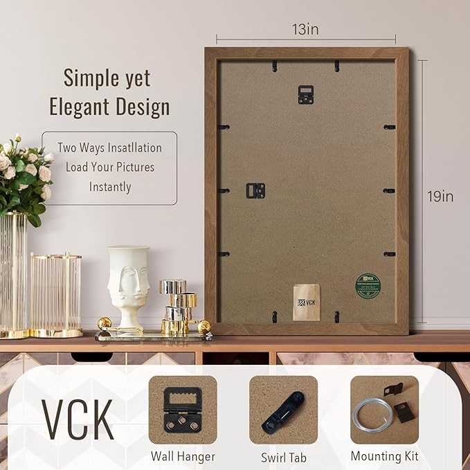 VCK 13x19 Poster Frame 3 Pack - Brown Walnut, Natural Grain Solid Wood Picture Frame, Wall Gallery Frame