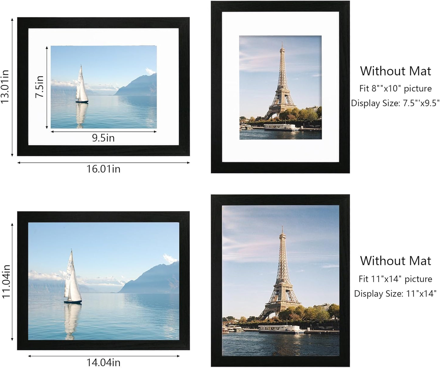 iRahmen 11x14 Picture Frame Set of 2, Black Wood Frame with Plexiglass, Display Pictures 8x10 with Mat or 11 x 14 Without Mat for Photo Wall Mount