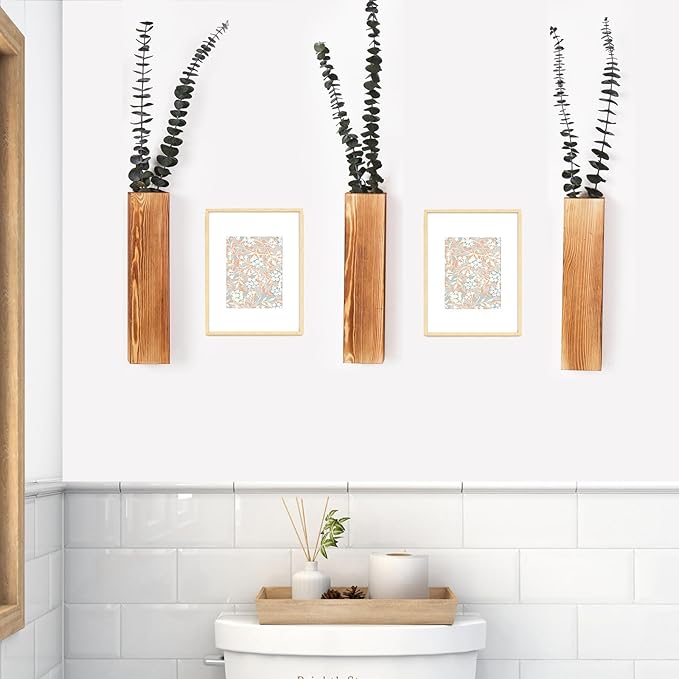 3-Pack Decorative Wood Wall Planters for Artificial Plant, Dried Flower Stems, 12" Slim Wood Wall Vases for Living Room, Bedroom, Bathroom, Apartment Decor