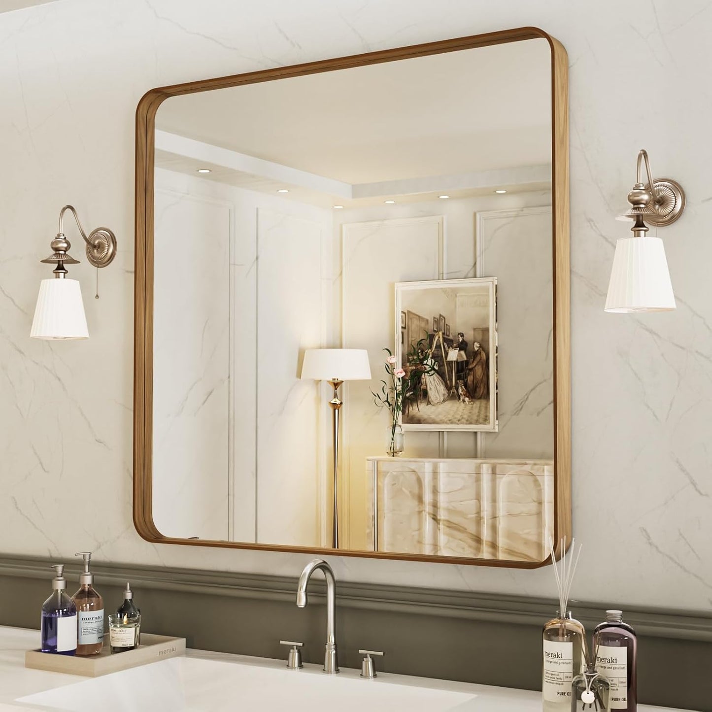 LOAAO 36X36 Inch Bathroom Mirror with Wood Grain Colored Metal Frame, Rounded Rectangle Metal Framed Bathroom Mirror, Anti-Rust, Hangs Horizontally or Vertically, Tempered Glass