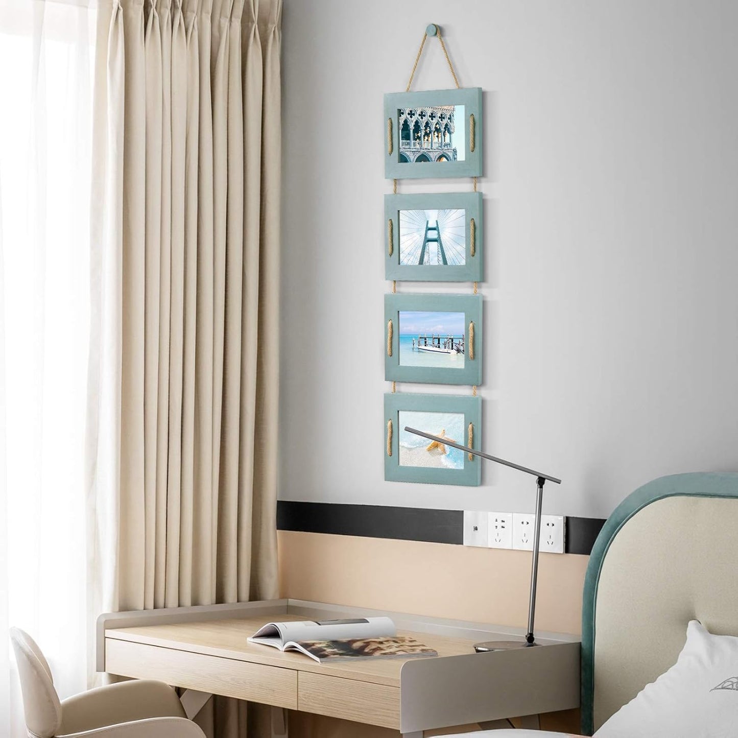 DLQuarts 5x7 Hanging Picture Frames Collage Wall Decor, 4-Opening 5x7 Matted to 3.5x5 Photo Rustic Wood Frame with Hemp Rope, 1 Pack, Ocean Blue