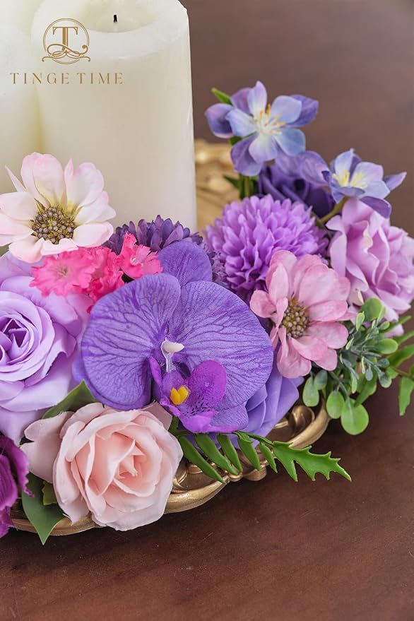 TINGE TIME Fake Flowers Artificial Flowers Peonies Bulbous Chrysanthemum Daisy Hydrangea Sunflower Violets Dahlia Daffodils Epiphyllum Orchid Cherry Blossom Camellia Leyaron (Purple)