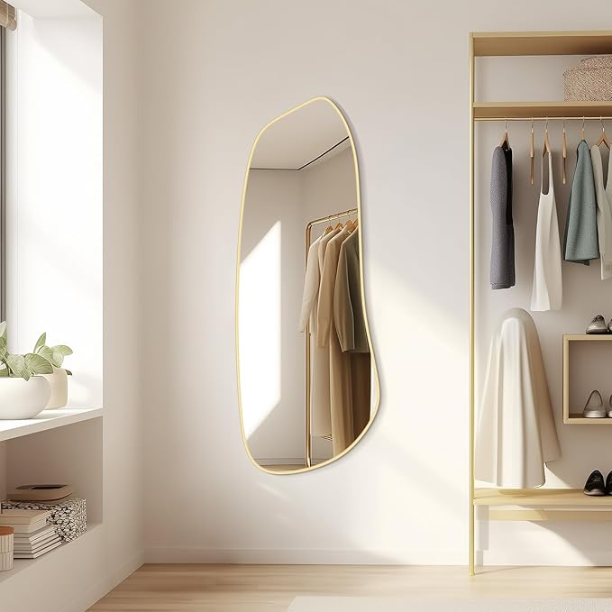 WallBeyond Irregular Wall Mirror, Asymmetrical Mirror Wall Mounted with Gold Framed for Living Room, Bathroom, Bedroom, Entryway Wall Decor, 46"×18", Gold