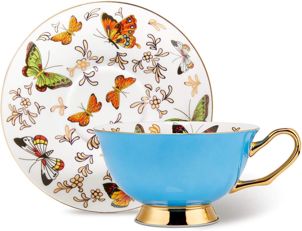 LURRIER Coffee Cup Mug with Saucer for Latte, Cappuccino Tea with Butterflies 6.8 Oz Fine Bone China, Dishwasher Safe, Reactive Glaze, 1 Pcs