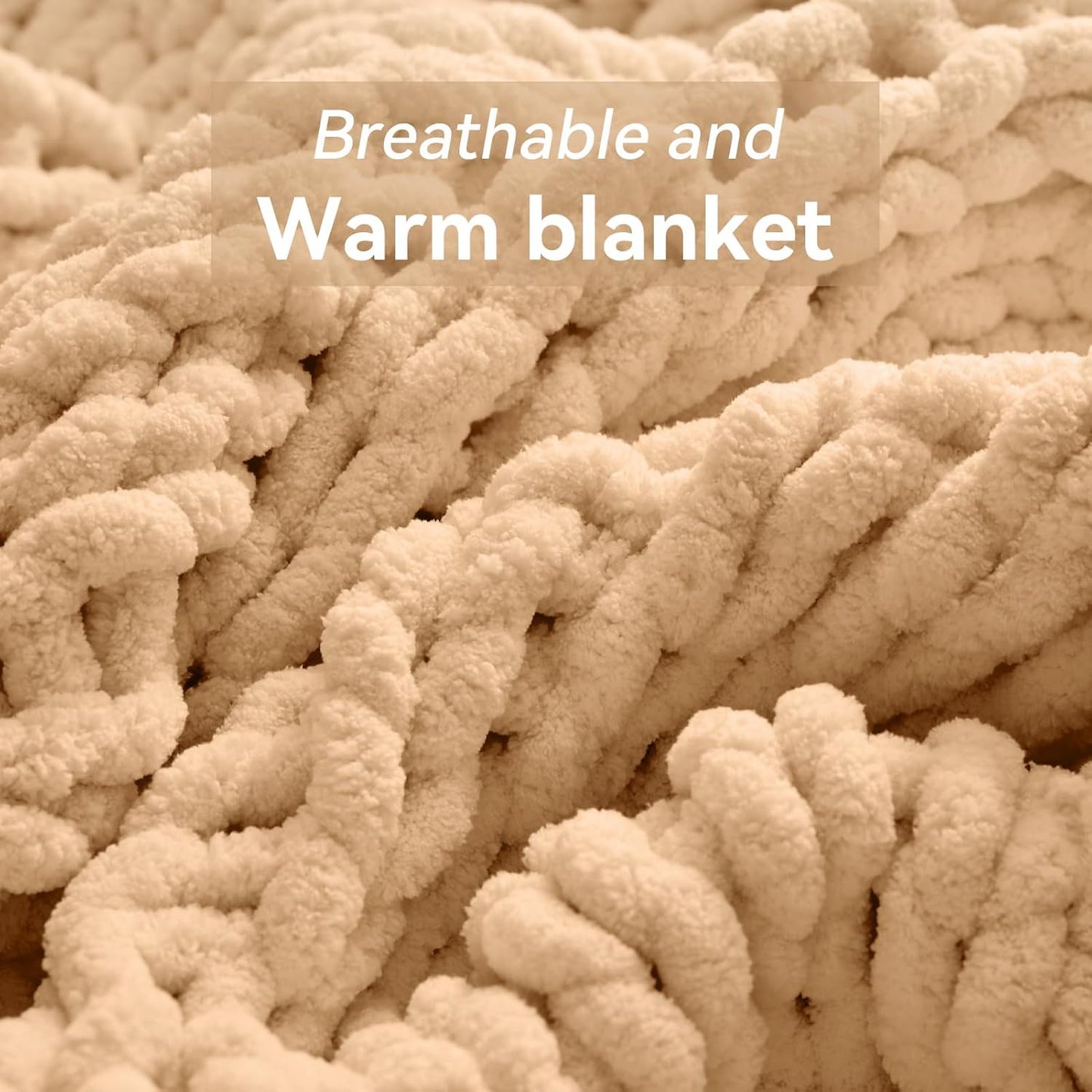 Chunky Knit Throw Blanket, 30''*40'' Knitted Throw Chenille Yarn for Bed Couch, Handmade Beige Crochet Big Thick Blanket, Machine Washable Cute Comfy Blanket for Home Decor
