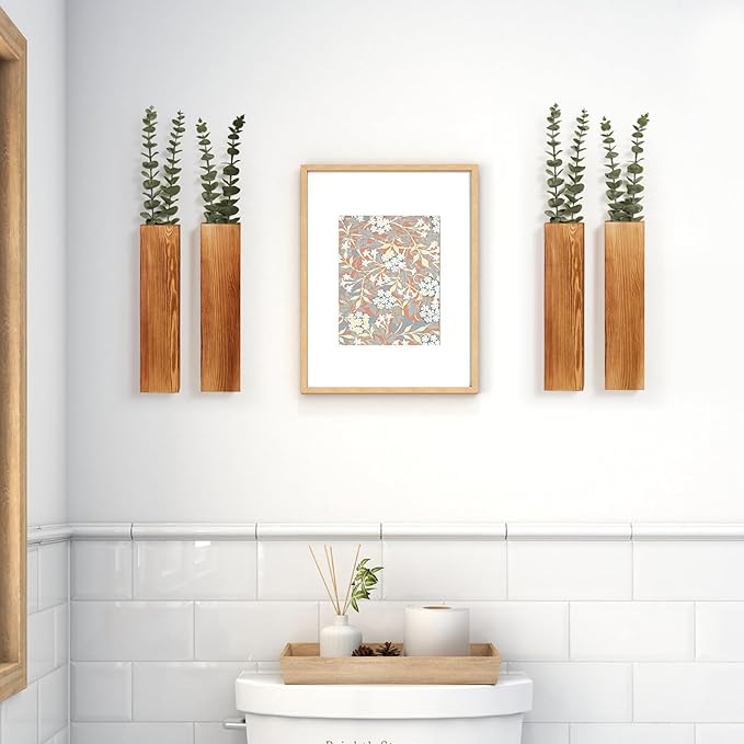 4-Pack Wood Wall Planters with 8 Removable Faux Eucalyptus Stems - Modern Farmhouse Wall Decor for Living Room, Bedroom, Bathroom - Wooden Wall Vases and Fake Eucalyptus for Home Office Decor