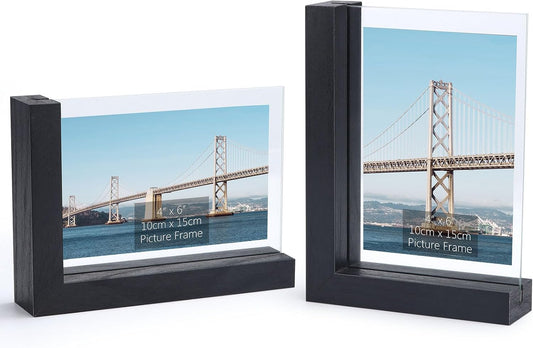 Lavezee 2 Pack 4x6 Picture Frames Made of Black Wooden L-shaped Base with Glass, Double Sided Display Photo Pictures 4 by 6 inch Vertical Horizontal for Tabletop Frame