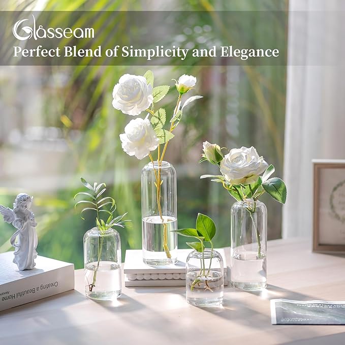 Glasseam Glass Bud Vase for Centerpieces, 12pcs Small Flower Vase in Bulk for Single Rose Bouquet, Modern Minimalis Clear Table Centerpieces for t Wedding Party Living Room Bathroom Kitchen Home Decor