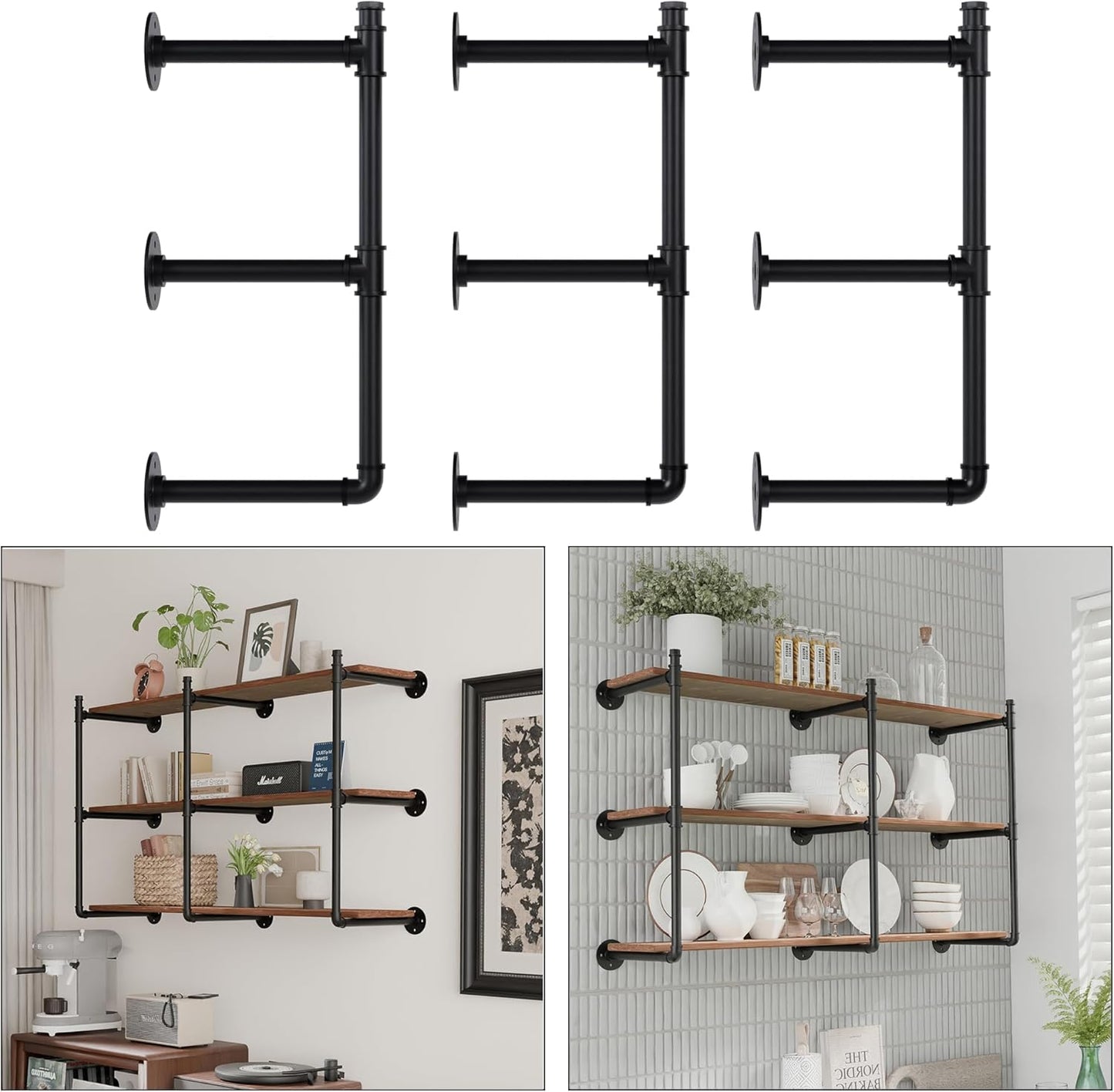Industrial Pipe Shelf Brackets Wall Mount,Open Black Pipe Shelving for Kitchen,Floating Shelf Brackets Mount,Open Bookshelf Brackets for Shelves,Wall Shelves 12 Inch Deep,(3PcsX3Tier,32" Tall)