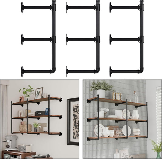 Industrial Pipe Shelf Brackets Wall Mount,Open Black Pipe Shelving for Kitchen,Floating Shelf Brackets Mount,Open Bookshelf Brackets for Shelves,Wall Shelves 12 Inch Deep,(3PcsX3Tier,32" Tall)