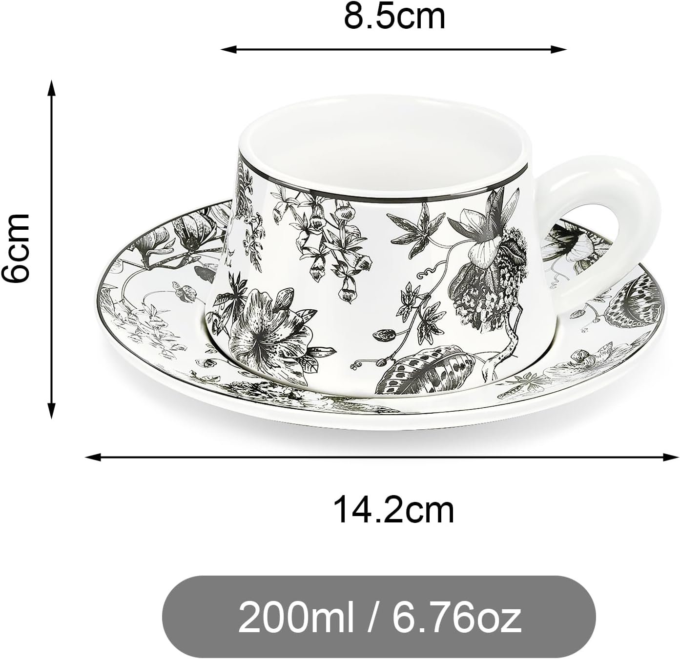 fanquare Ceramic Coffee Mug with Saucer Black Vintage Floral Tea Cup with Thick Handle Porcelain Modern Tea Cups for Office Party Breakfast, 8.5oz