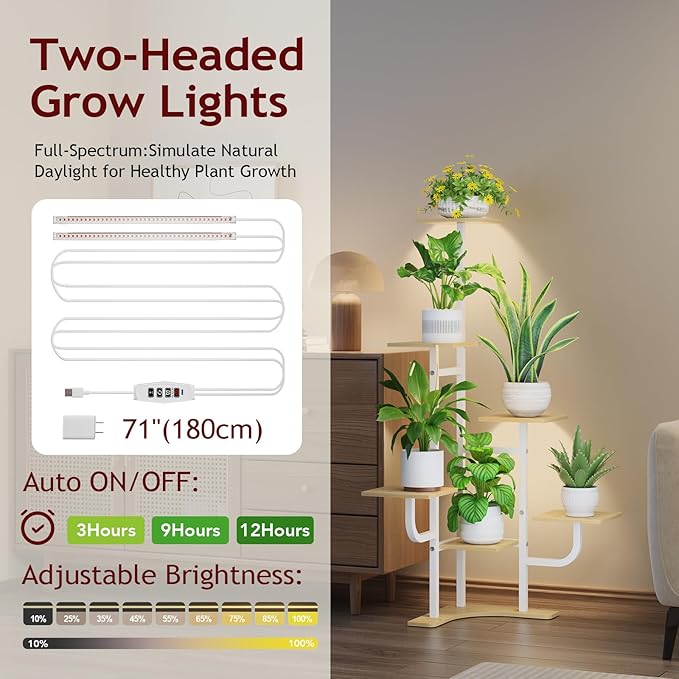 Corner Plant Stand with Grow Light - 6 Tier Plant Stand Indoor Square Metal Plant Shelf with Adjustable Light, Plant Organizer for Living Room, Graden, Home Decor (Maple)