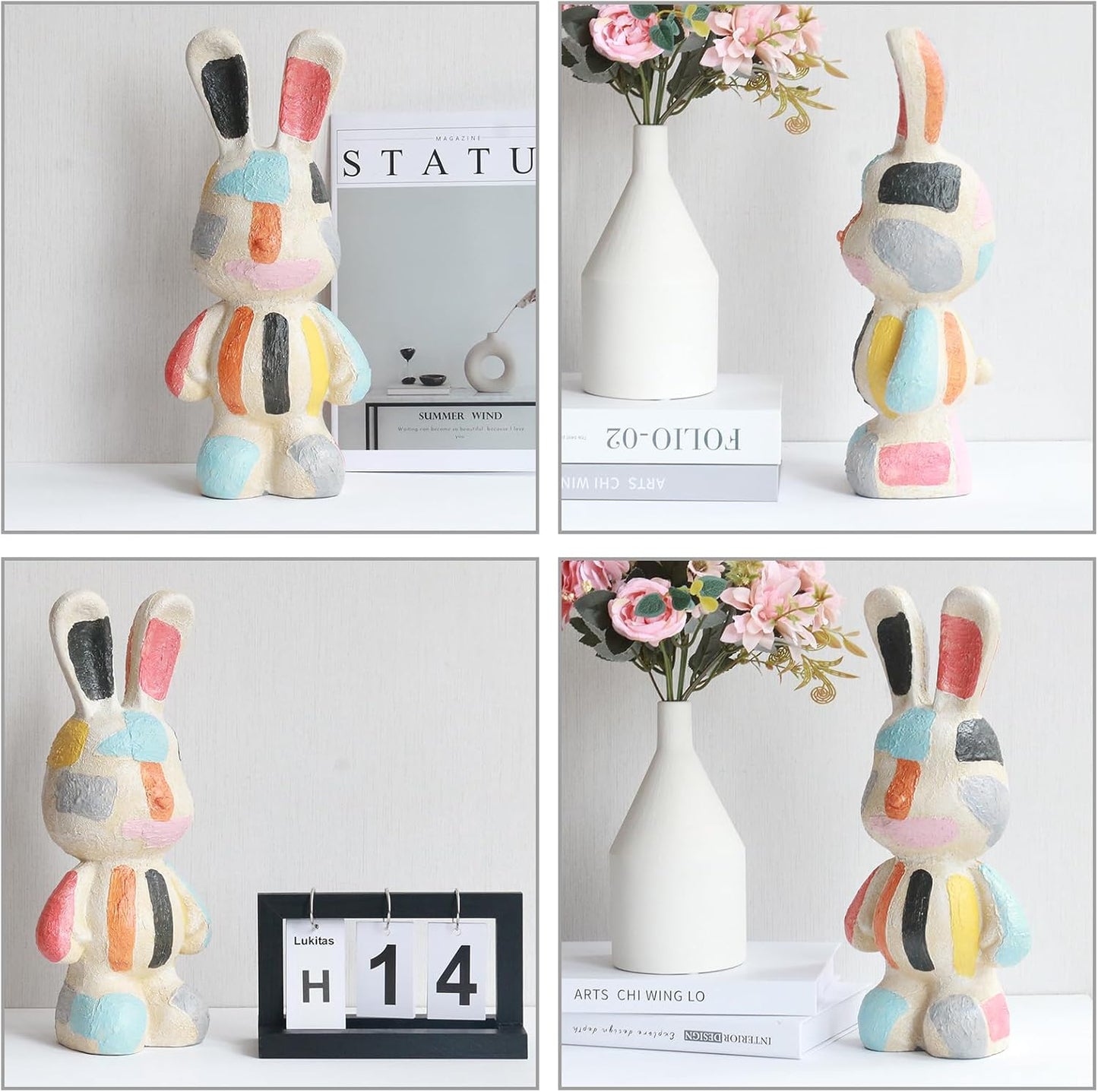 Lukitas Bunny Statue Decor, Colorful Artistic Rabbit Sculpture, Vibrant Faux Sandstone Decorative Ornament for Garden Patio Yard Living Room, Resin 14''