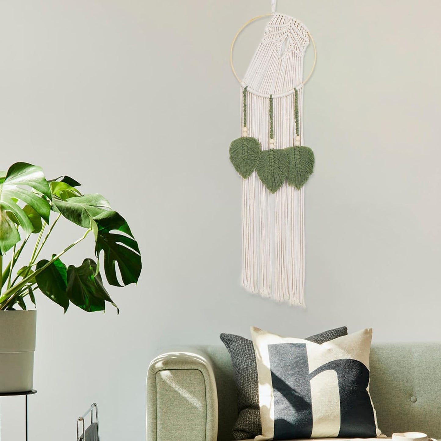 LB Boho Leaf Small Macrame Wall Hanging Green and Beige Hand Woven Cotton Tapestry Wall Art with Wood beads Modern Aesthetic Wall Decor for Home, Bedroom, Living Room
