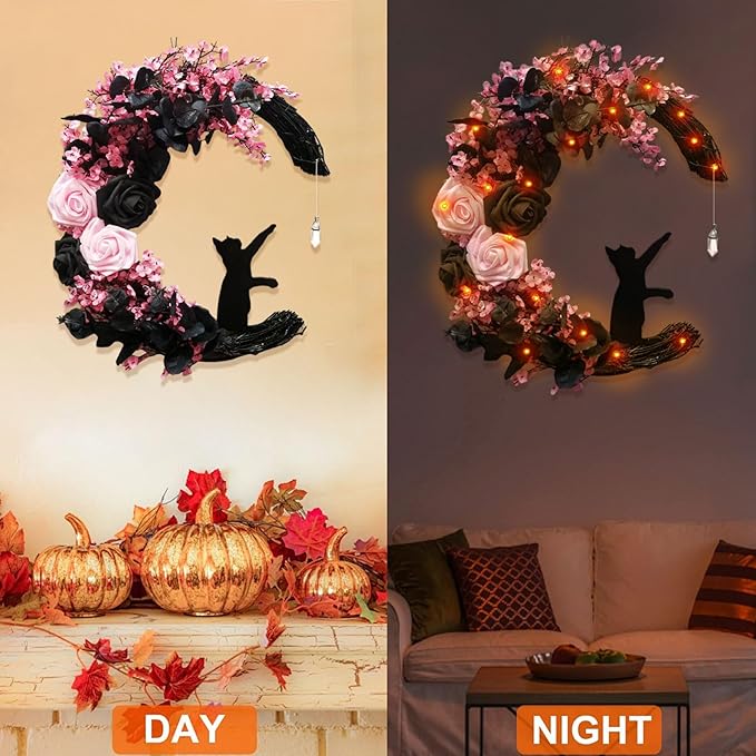 Halloween Wreaths For Front Door, Flower Moon Cat Halloween Home Decoration, Halloween Family Gathering Decoration Wreath，Outdoor, Wall, Closet, Fence, Wreath Halloween (Pink)