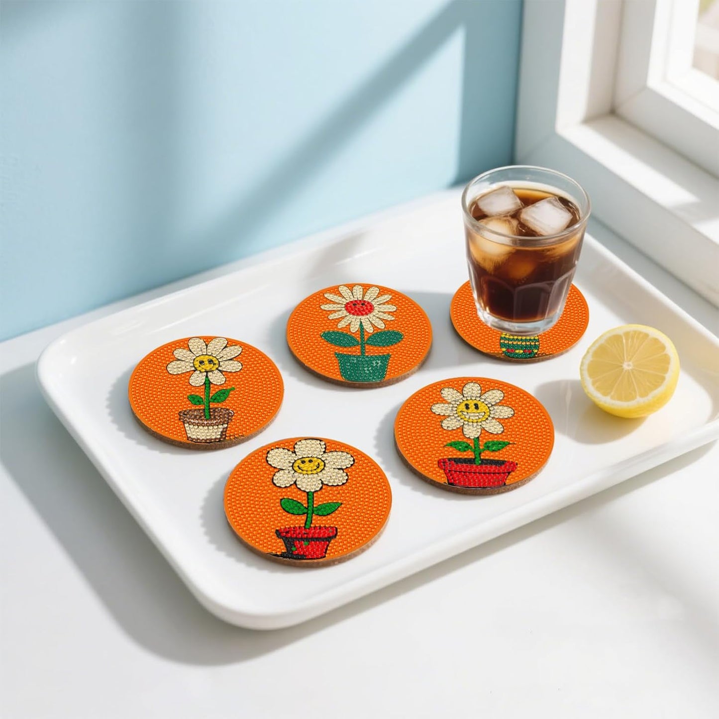 DOZEEZOP 8 PCS Flowers Diamond Art Coasters Kit, 5D Diamond Painting Coasters with Holder, Fall Small Diamond Art Kits for Adults Beginners, Diamond Dots Arts and Crafts Supplies