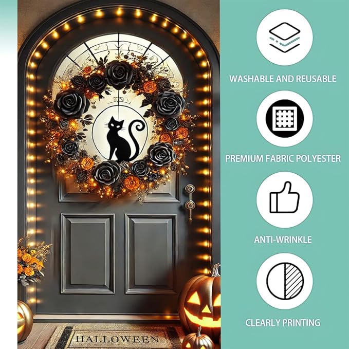 2D flat Halloween Pumpkin Black Cat Door Cover – Spooky Door Banner for October Front Porch Party, Christmas Themed Hanging Decorations for Indoor, 71x35 Inch