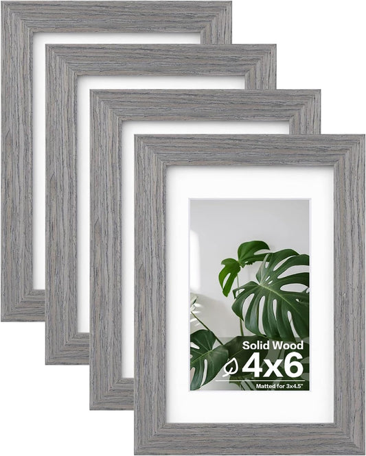 Egofine 4x6 Picture Frames Set of 4, Made of Solid Wood Covered by Plexiglass 3.5x5 with Mat or 4x6 without Mat, for Table Top Display and Wall Mounting Photo Frame Light Grey
