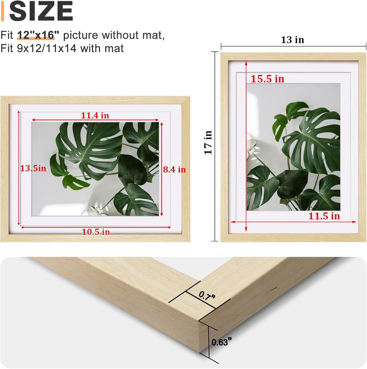 Egofine 12x16 Picture Frames Set of 4, Made of Solid Wood Covered by Plexiglass 9x12 and 11x14 with Mat or 12x16 without Mat, for Wall Mounting Photo Frame Oak Wood