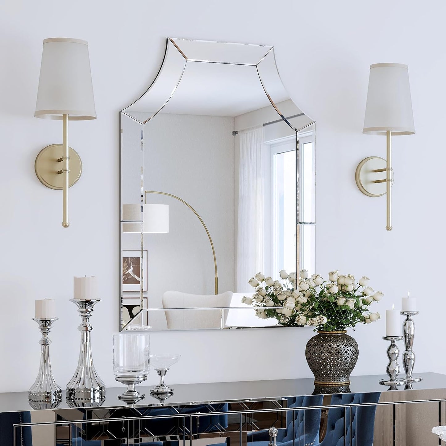 Decorative Mirror for Living Room, 27.6'' X 39.4'' Large Scalloped Mirrors with Glass Pieces and Elegant Beveled Edges, Modern Bathroom Mirror Hang Vertically