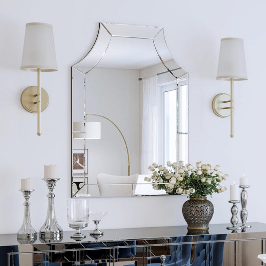 Decorative Mirror for Living Room, 27.6'' X 39.4'' Large Scalloped Mirrors with Glass Pieces and Elegant Beveled Edges, Modern Bathroom Mirror Hang Vertically