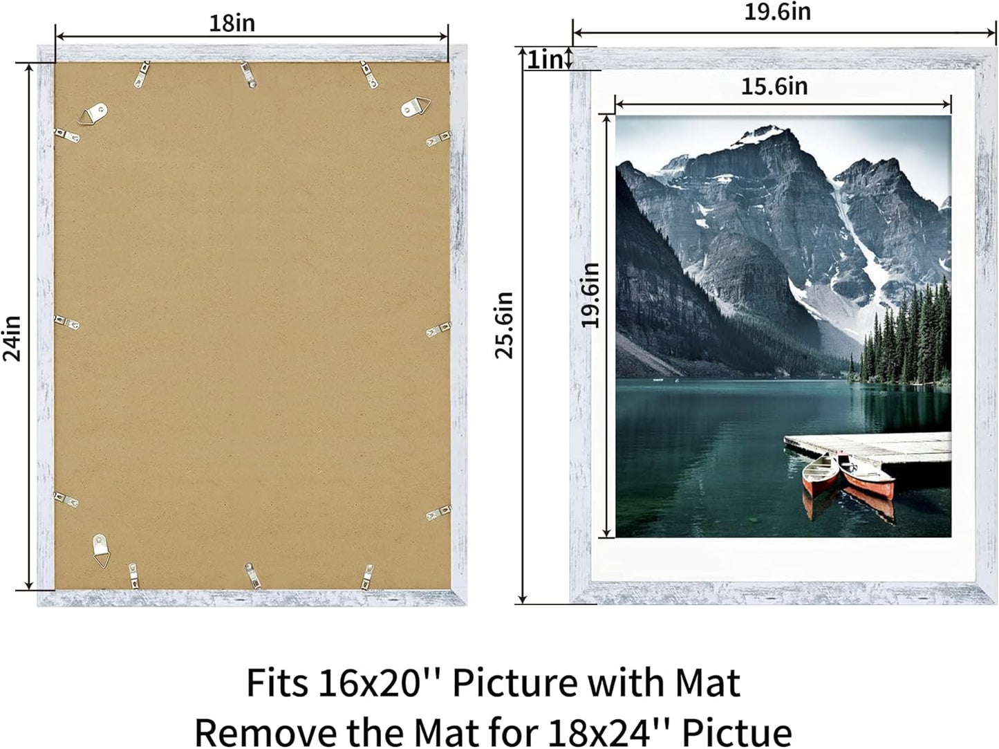 iRahmen 18x24 Picture Frame Set of 2 with Plexiglass, Distressed White Wood Poster Frame Display Picture 16x20 with Mat or 18 x 24 Without Mat for Photo Gallery Wall Mounting