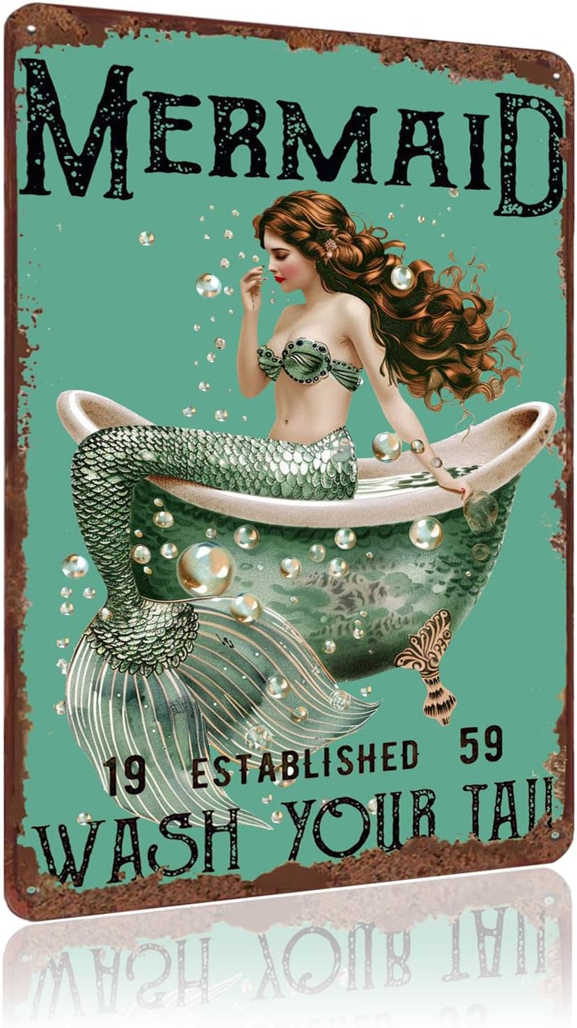 Metal Signs Mermaid Wash Your Tail Retro Tin Sign for Home Office Kitchen Bar Cafe Garden Wall Decor 12x8 Inch