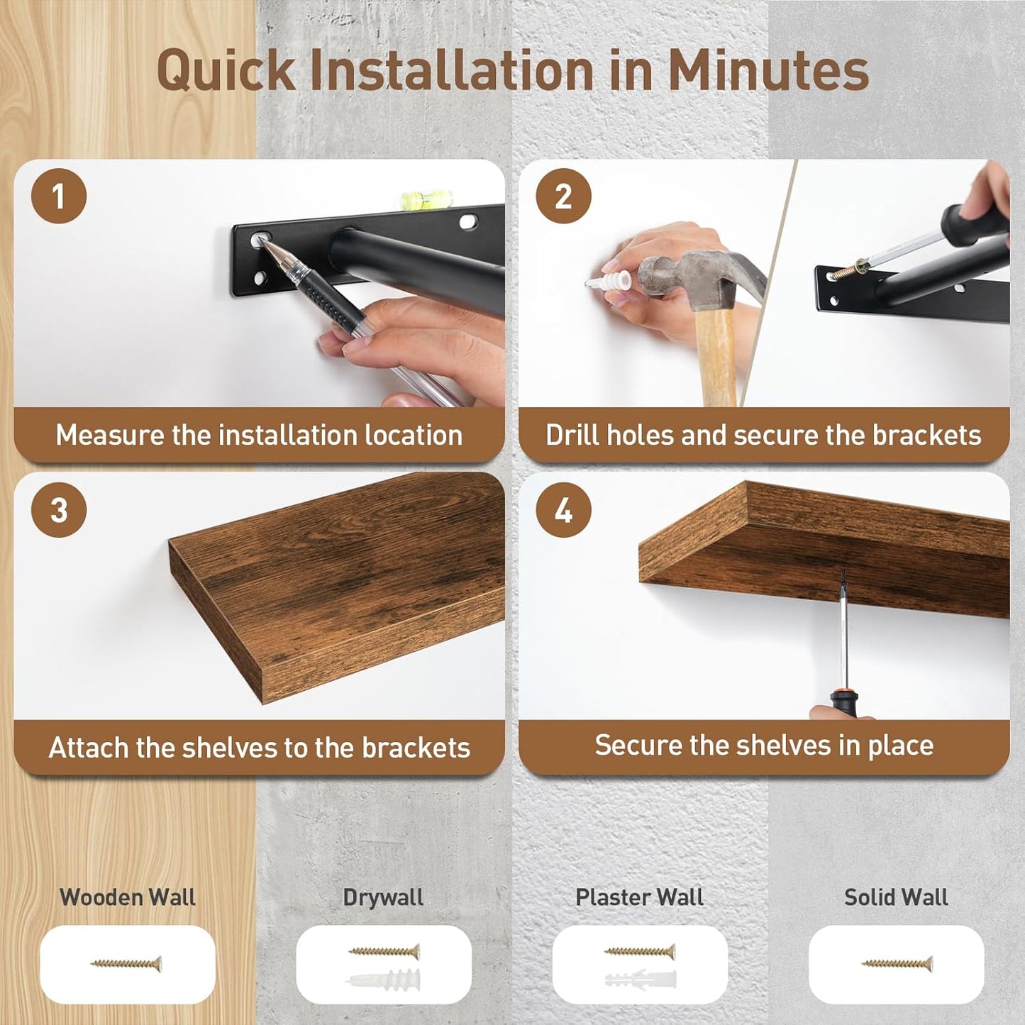 Floating Shelves for Wall, 1.5" Thick Wall Shelf Set of 3 with Invisible Bracket, L39.4 x W7.9 Hanging Shelves Farmhouse Home Decor for Bathroom, Living Room, Bedroom Rustic Brown 10301BJP3BF