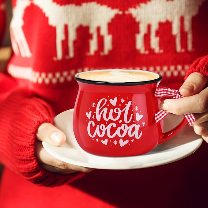 Zubebe Christmas Coffee Mugs Set of 12, 12 oz Hot Cocoa Ceramic Holiday Mugs Set for Mom, Woman, Family, Friend - Farmhouse Tiered Tray Decor, Coffee Bar Decor(Red, White)