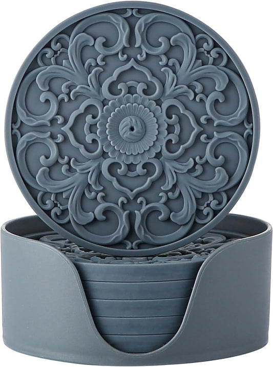 Colinda Silicone Coasters - Set of 6 with Holder, Non-Slip Cup Mats for Hot and Cold Drinks, Decorative Designs, Gift Ready Packaging, Warm Grey