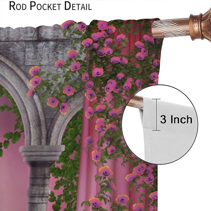 Pink Gothic Blackout Curtains，Vintage Romantic Roses Medieval Castle Pattern Drapes Window 2 Panel Rod Pocket Curtain for Bedroom Living Room Decor 31.5" W X 72" L